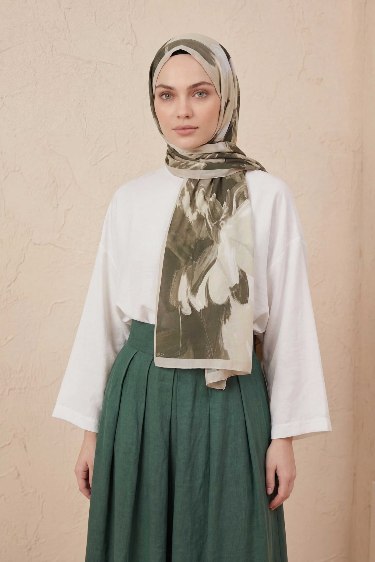 Doğal elyaf terra haki krem şal