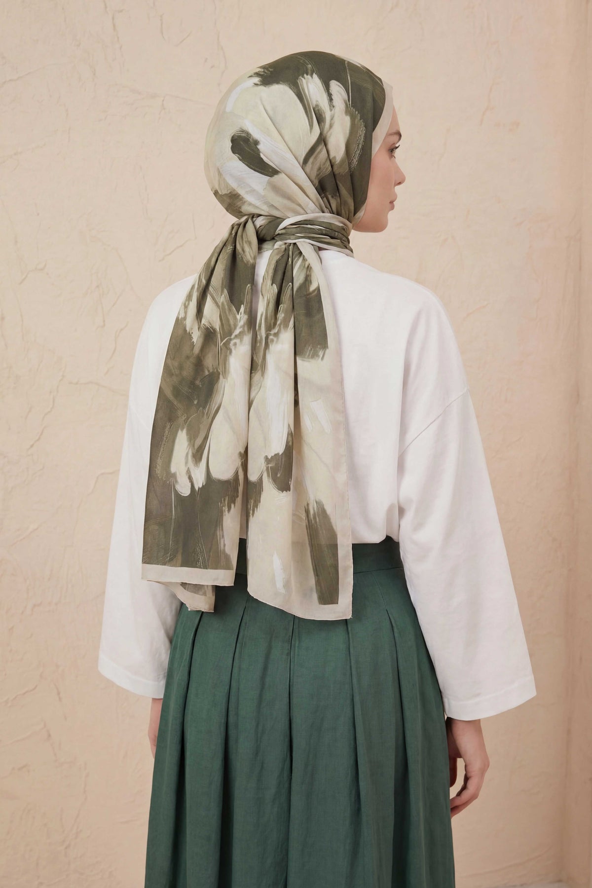 Doğal elyaf terra haki krem şal