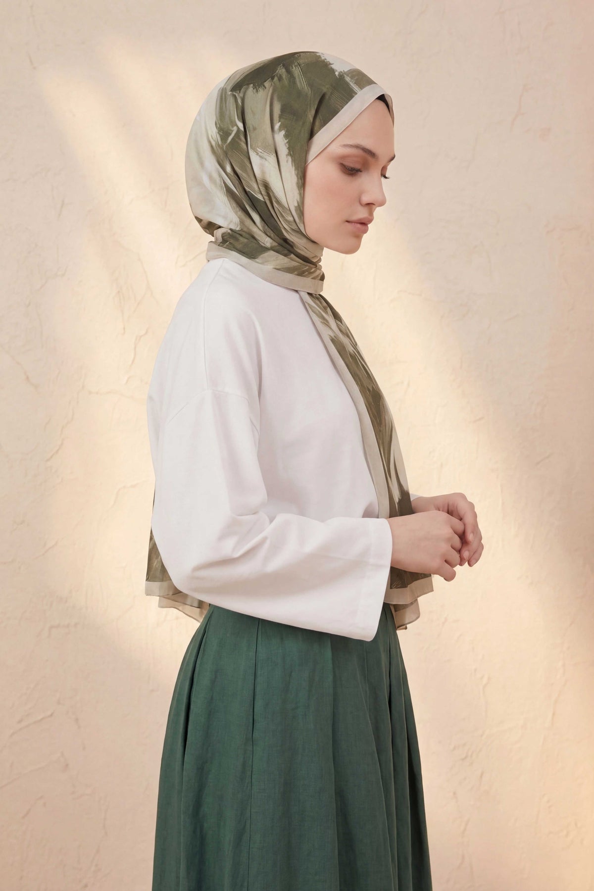 Doğal elyaf terra haki krem şal